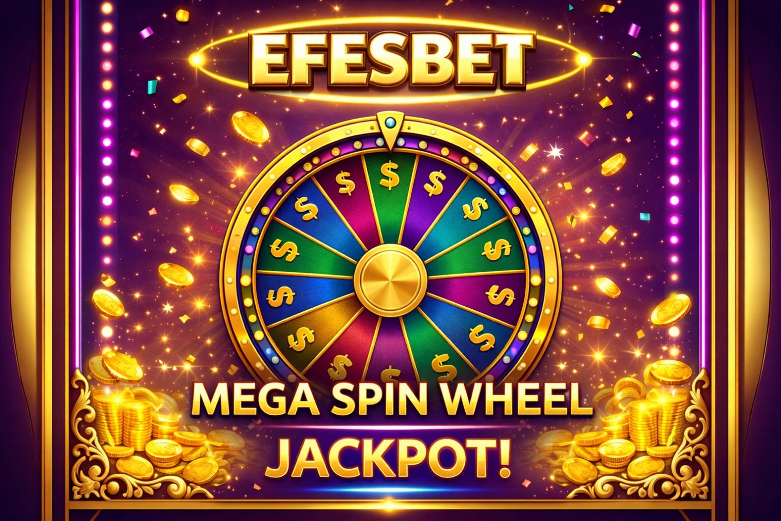 efesbet, Mega Spin Çarkı oyununda farklı ödül segmentlerine ayrılmış büyük bonus çarkı