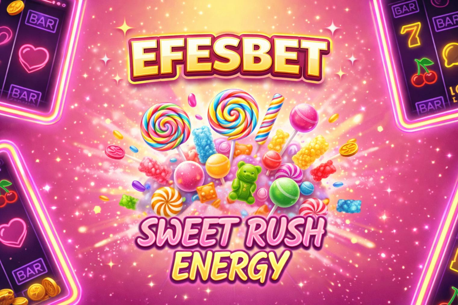 efesbet, Şekere Hücum oyununda yüksek volatiliteye sahip şeker temalı slot görünümü